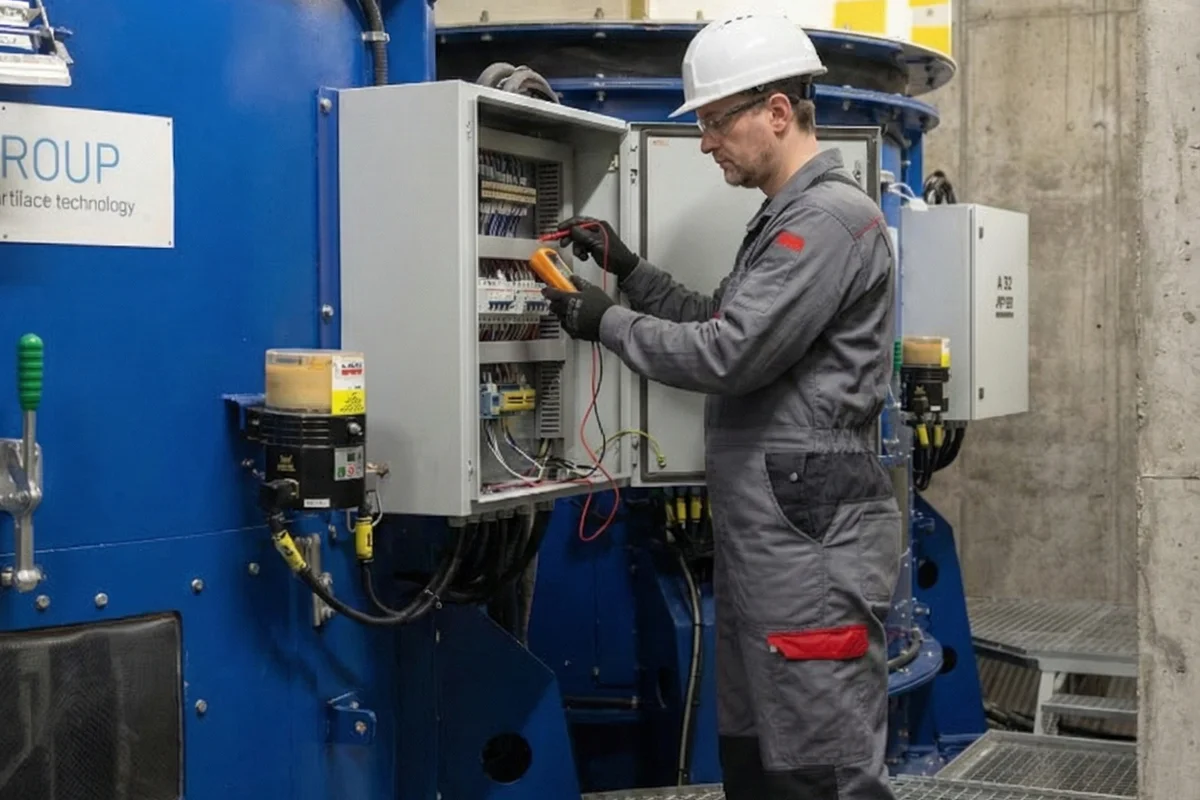 TunnelTechi hooldusinsener teostab Katari sõjaväe väljaõppesimulaatoris (QMTS) asuva TT65 Pro tuuletunneli ajamisüsteemi elektrihooldust. Seistes teenindusgalerii metallrestil, kasutab tehnik multimeetrit, et testida ühendusi sinisele ventilaatori mootori korpusele paigaldatud kohalikus juhtkarbis. Koostul on korpuse külge kinnitatud automaatne laagrite määrimissüsteem. See 6,5-meetrine topeltsilmusega rajatis kasutab suure võimsusega elektrimootoreid, mis nõuavad elektriliste liideste regulaarset kontrollimist.