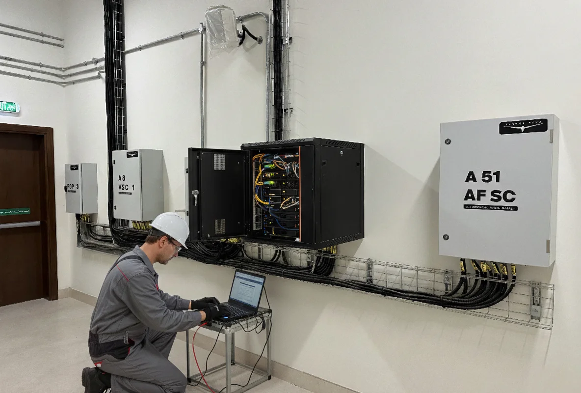 A TunnelTech service engineer performs maintenance on the control system infrastructure for a TT65 Pro wind tunnel. 