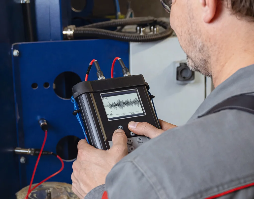 A TunnelTech service technician conducts vibration analysis on wind tunnel drive components using a handheld spectrum analyzer. The device screen displays real-time waveform data collected via sensors attached to the blue machinery housing. This diagnostic process identifies bearing condition and rotational balance as part of routine predictive maintenance. Monitoring vibration levels ensures compliance with strict acceptance standards and prevents mechanical failure in the axial fan systems.