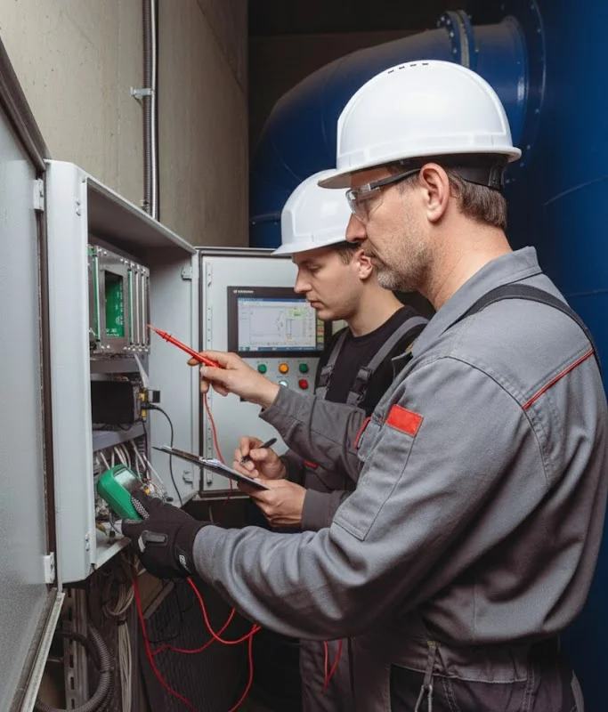Zwei Service-Ingenieure von TunnelTech führen elektrische Wartungsarbeiten an einem offenen Automatisierungsschaltschrank durch. Ein Techniker verwendet ein Digitalmultimeter, um interne Schaltkreiskomponenten zu testen, während ein Kollege Diagnosedaten aufzeichnet. Der Technikraum verfügt im Hintergrund über großformatige blaue Industriekanäle und einen Bildschirm der Steuerungssystem-Bedienoberfläche. Dieser Vorgang ist Teil der Standard-Serviceprotokolle für elektrische Systeme von Windkanälen und industrielle Automatisierungshardware.