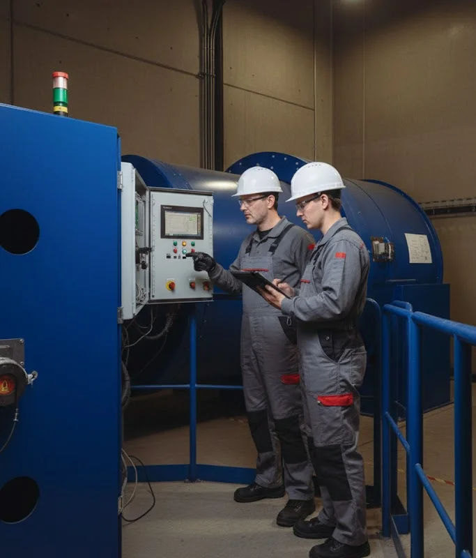 Divi TunnelTech speciālisti veic precīzu diagnostiku vēja tunela galvenajā vadības saskarnē. Kamēr viens inženieris pielāgo parametrus, izmantojot HMI skārienekrānu atvērtajā zilajā skapī, kurā atrodas TunnelTech iekšēji izstrādātā patentētā automatizācijas aparatūra, otrs planšetdatorā salīdzina reāllaika datus. Fonā redzamā zilā kanālu struktūra izceļ rūpnieciskā objekta mērogu.