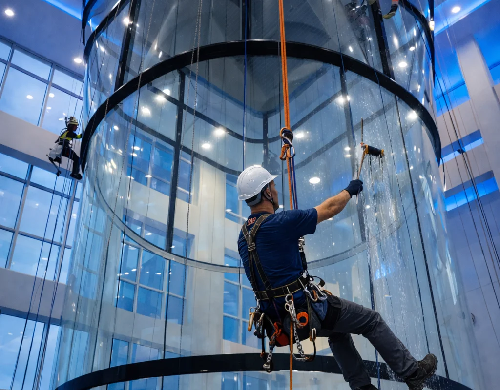 Our technicians utilize industrial rope access techniques to clean the flight chamber interior, ensuring flawless visibility for spectators and safety for flyers.