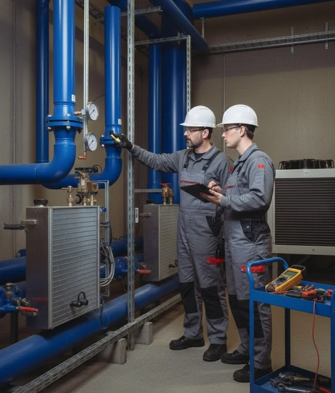 To TunnelTech-serviceteknikere utfører vedlikehold på anleggets hydrauliske kjøleinfrastruktur. En ingeniør verifiserer manometermålinger på det blå kjølevæskerørnettet, mens en kollega logger driftsdata på et nettbrett. Det tekniske rommet inneholder varmevekslerkomponenter og rørsystemer som regulerer kjølevæskestrømmen til vindtunnelens ledeskovler. En servicevogn i forgrunnen inneholder et digitalt multimeter og diverse håndverktøy som brukes til systemdiagnostikk og reparasjon.