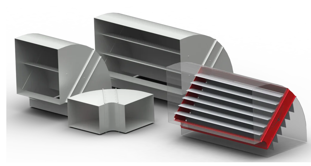 Traditional medium-scale HVAC smooth elbow with splitter vane made of sheet metal, DW144 standard (on the left), and high performance Tunnel Tech turning vane diagonal assembly for standard air ducts (on the right)